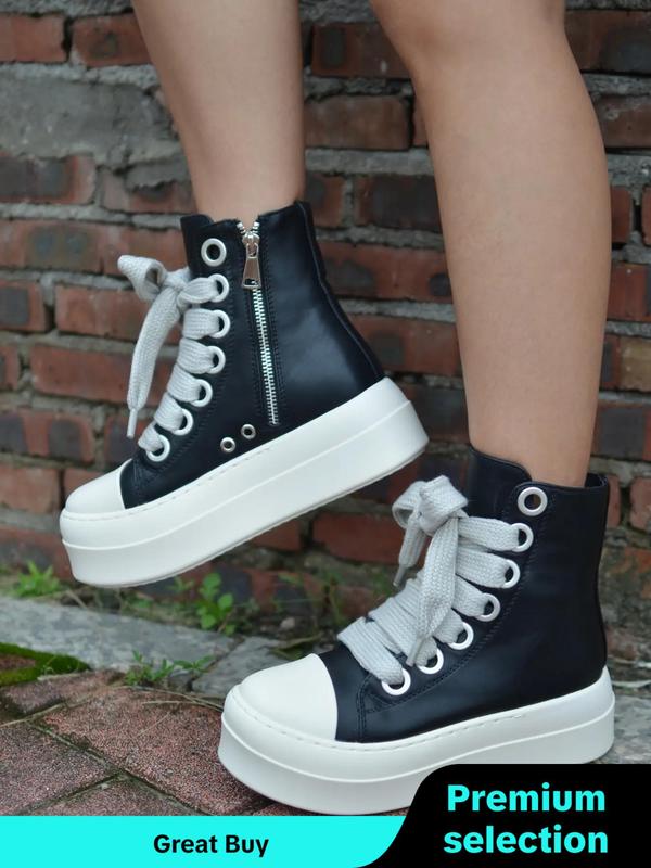 Fashion Colorblock Lace Up Design High Top Skate Shoes, Designer Shoes, Casual Sporty Side Zip Design Platform Shoes for Daily Wear, Comfortable Non-slip Shoes for Women