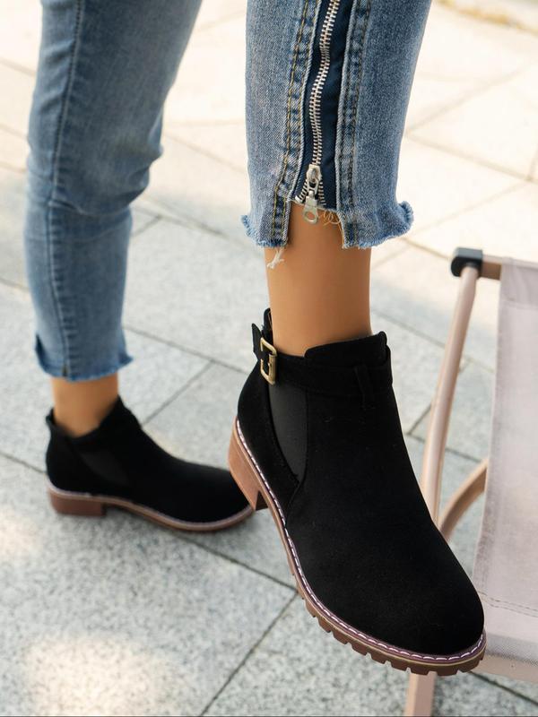 Women's Fashionable Solid Color Belted Design Ankle Boots, Casual Comfortable Round Toe Boots for Daily Wear, All Match Boots for Women & Girls