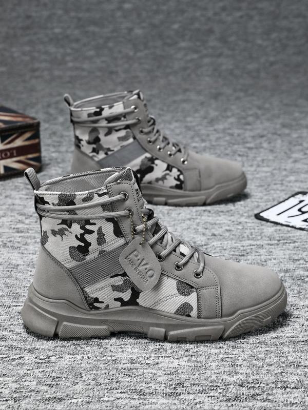 Men's Fashion Camo Print Lace Up Mid-calf Boots, Casual Comfortable Soft Sole Boots for Outdoor Sports, Male All-match Trendy Shoes for Daily Wear Lazy Boy