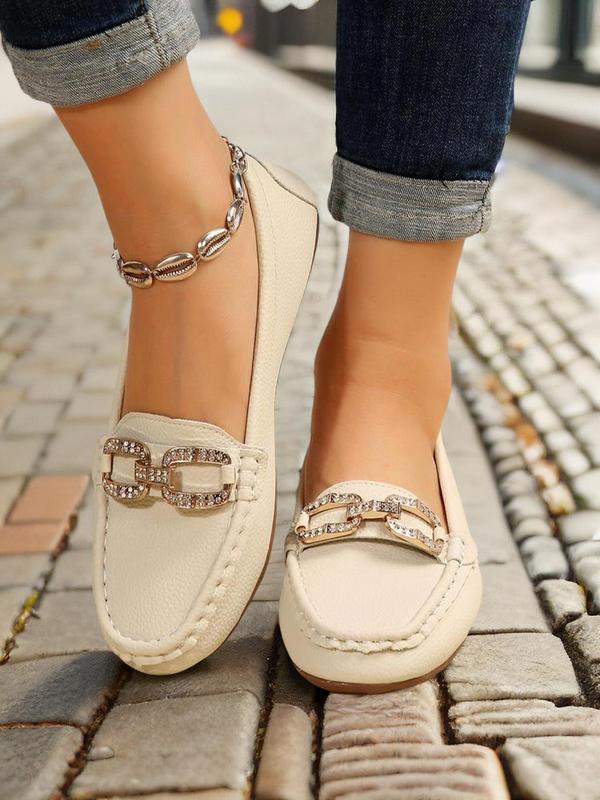 2024 New Style Casual Round Toe Loafers, Business Style Comfort Rhinestones Chain Decor Flat Walking Shoes for Women Daily Everyday Wear, Girl's Walking Shoes Footwear