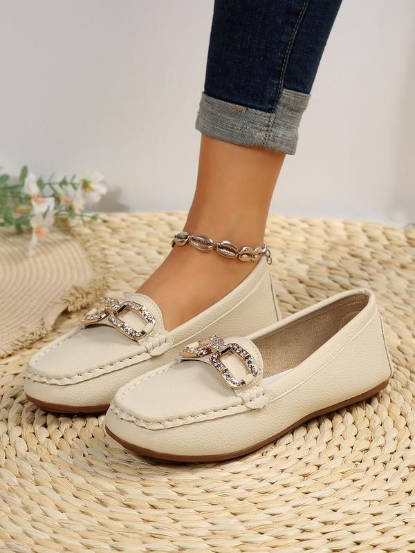 2024 New Style Casual Round Toe Loafers, Business Style Comfort Rhinestones Chain Decor Flat Walking Shoes for Women Daily Everyday Wear, Girl's Walking Shoes Footwear