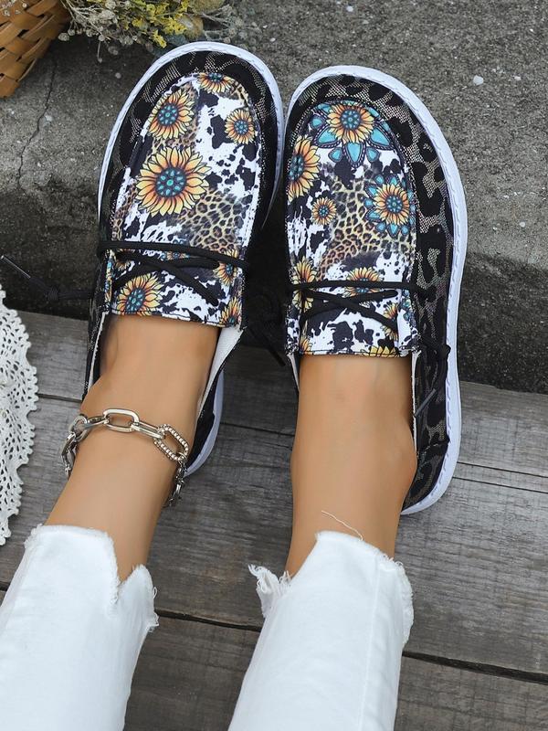 2024 Fashionable Slip-on Shoes for Women, Casual Matching Comfortable Floral & Leopard Print Round Toe Sports Shoes for Daily Wear, Flat Shoes for Active for All Seasons, Simple Walking Shoes