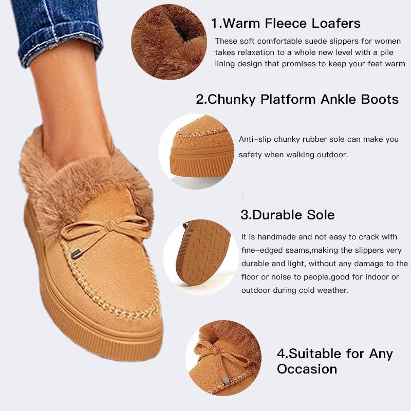 Women's Platform Warm Moccasin Slippers Slip On Loafer Plush Shoes Anti Slip Flat Walking Loafers Faux Fur Snow Boots  Soft and comfortable suede slippers for women Christmas