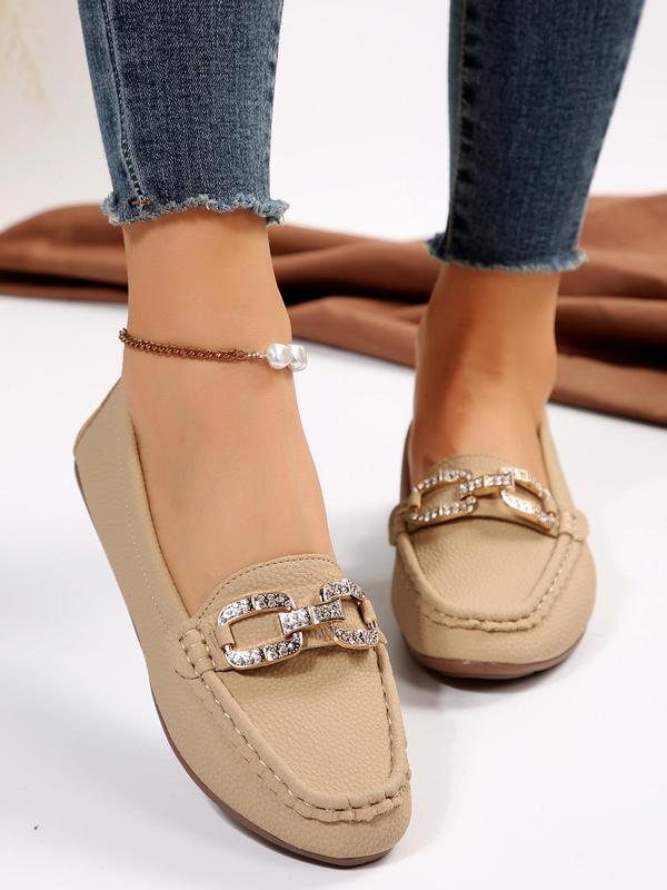 2024 New Style Casual Round Toe Loafers, Business Style Comfort Rhinestones Chain Decor Flat Walking Shoes for Women Daily Everyday Wear, Girl's Walking Shoes Footwear