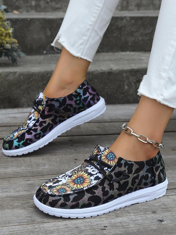 2024 Fashionable Slip-on Shoes for Women, Casual Matching Comfortable Floral & Leopard Print Round Toe Sports Shoes for Daily Wear, Flat Shoes for Active for All Seasons, Simple Walking Shoes