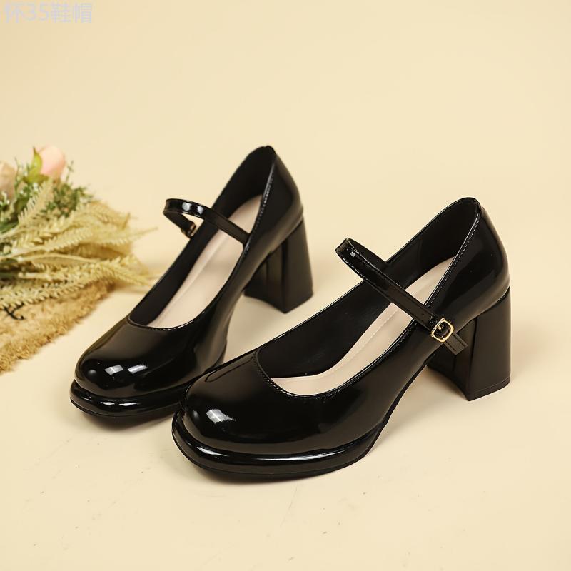 Preppy Style All-Season Mary Jane Pumps for Women - High Block Heel, Round Toe, Water-Resistant, Solid Color, PU Upper Inner Sole - Taizhou Origin, North America & European Special Edition Girl Shoe Footwear Classy Stylish Walking Shoes Elegant High Heels