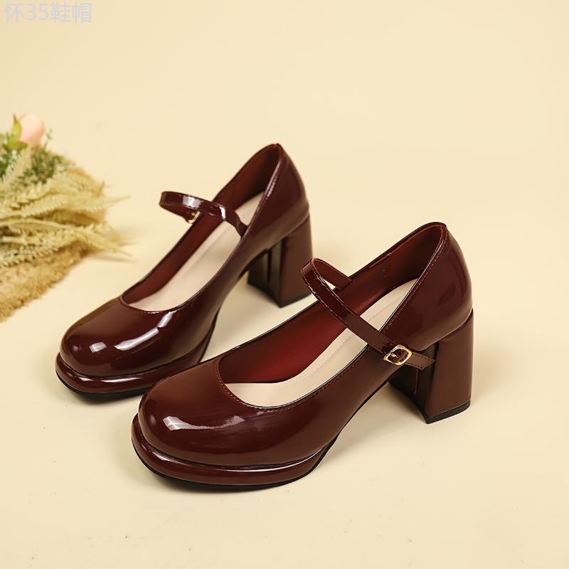 Preppy Style All-Season Mary Jane Pumps for Women - High Block Heel, Round Toe, Water-Resistant, Solid Color, PU Upper Inner Sole - Taizhou Origin, North America & European Special Edition Girl Shoe Footwear Classy Stylish Walking Shoes Elegant High Heels