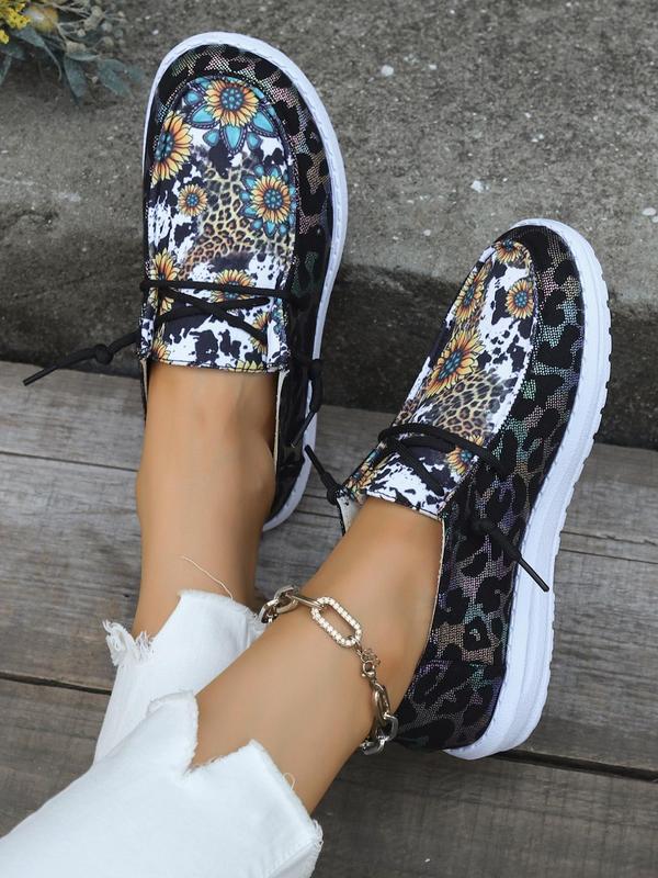 2024 Fashionable Slip-on Shoes for Women, Casual Matching Comfortable Floral & Leopard Print Round Toe Sports Shoes for Daily Wear, Flat Shoes for Active for All Seasons, Simple Walking Shoes