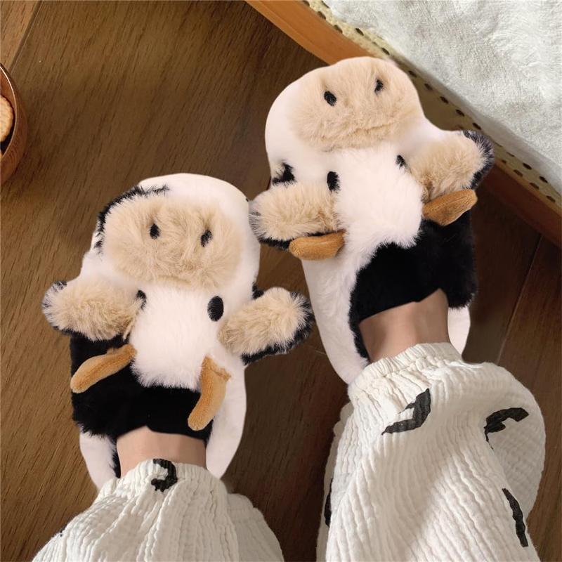 Cute Cartoon Cow Furry House Shoes For Boys, Comfortable Non Slip Soft Bottom Walking Shoes For Indoor, Autumn And Winter