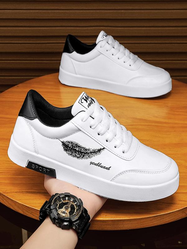 Men's Fashion Colorblock Letters & Feather Pattern Lace Up Low Top Sneakers, Casual Breathable Comfort Sports Shoes, Trendy All-match Sneakers for Daily Wear