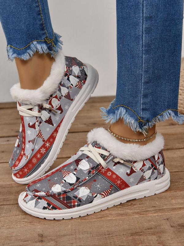 Women's Christmas Print Lace Up Low Top Sneakers, Casual Comfortable Warm Plush Lined Shoes for Daily Wear, Female All-match Round Toe Shoes for Daily Wear