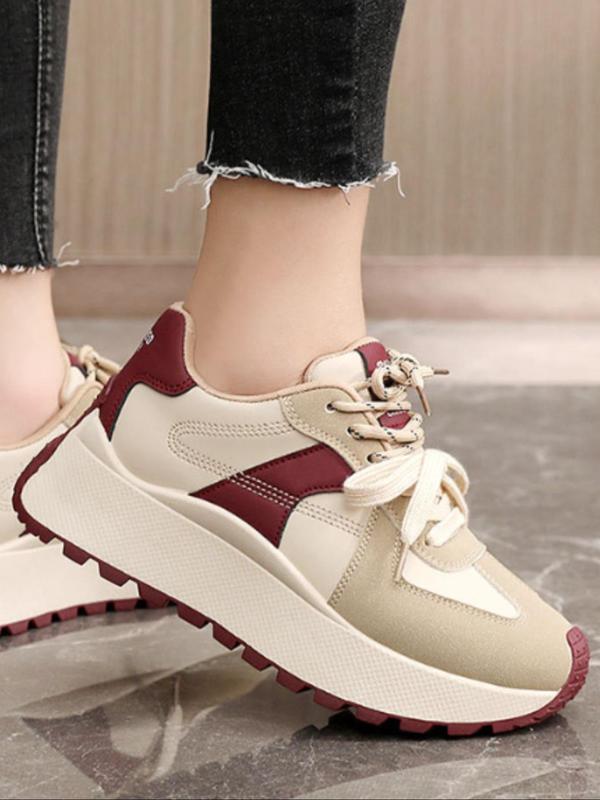 Women's Fashion Colorblock Lace Up Low Top Sneakers, Casual Comfortable Sports Running Shoes, All-match Round Toe Chunky Sneakers for Daily Wear