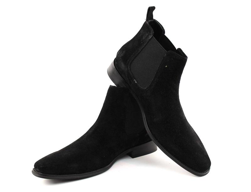 Men's Real Suede Black Chelsea Boots Ankle High Pull On Round Toe Slip Resistant Block Heel AZARMAN