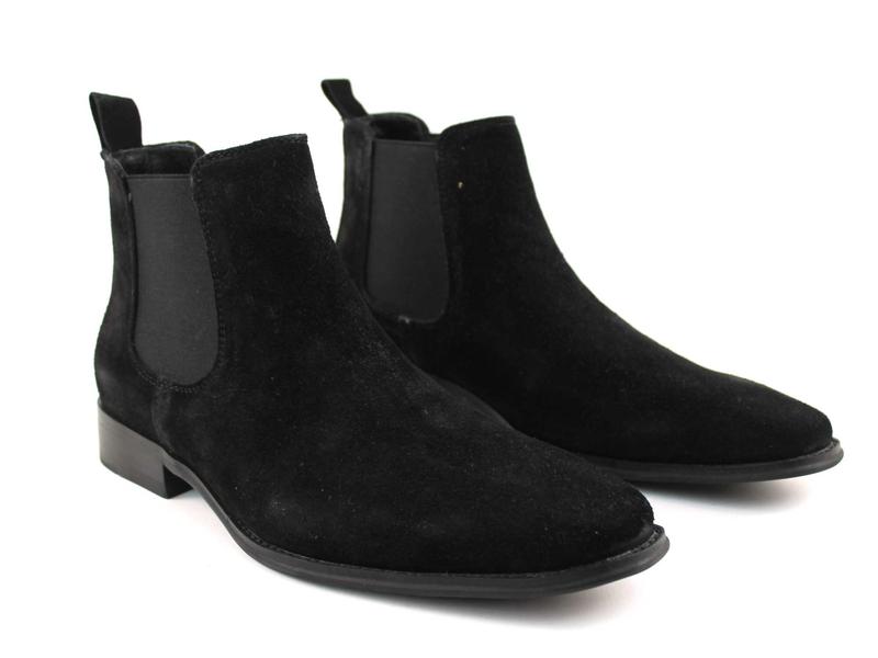 Men's Real Suede Black Chelsea Boots Ankle High Pull On Round Toe Slip Resistant Block Heel AZARMAN