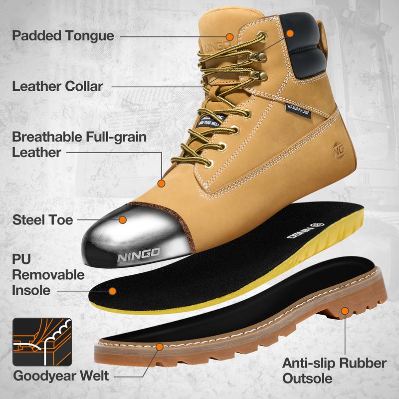 Men's 6-Inch Waterproof Steel Soft Toe Work Boots - Full-Grain Leather, Oil & Slip Resistant, Goodyear Welt Safety Boots with EH Protection for Industrial & Warehouse Use