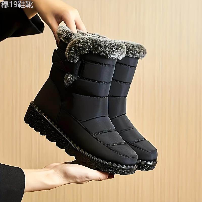 Cozy Women's Waterproof Snow Boots - Plush Lined, Solid Color, Flat Heel with Hook-and-loop Fastener Closure for Winter Warmth Girl Shoe