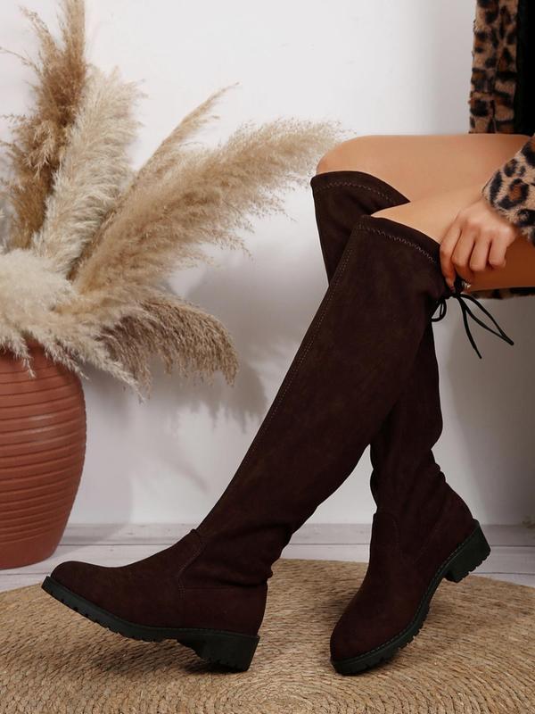 Women's Fashionable Solid Color Lace Up Knee Boots, Casual Comfortable Round Toe Boots for Daily Wear, Female All-match Trendy Shoes for Fall & Winter Winter Outfits 2024