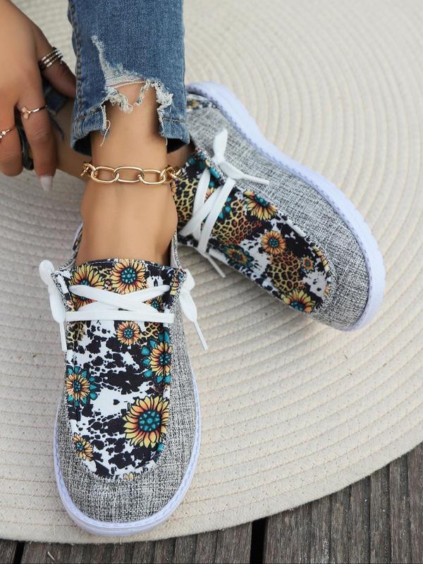 Women's 1 Pair Casual Floral & Leopard Pattern Lace up Round Toe Sneakers, Matching Breathable Comfortable Flat Shoes, Spring New Trendy Versatile Shoes for Daily Used