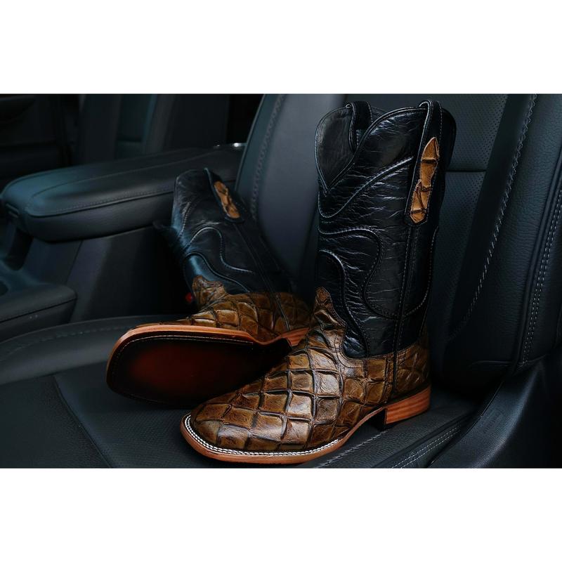 Mens Honey Pirarucu Leather Boots With Black Shaft - Square Toe