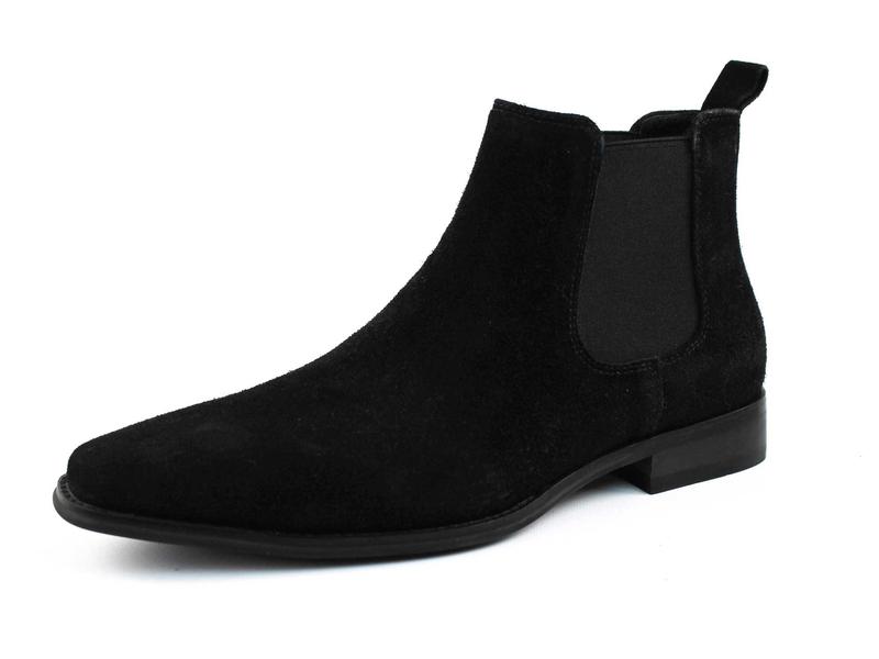 Men's Real Suede Black Chelsea Boots Ankle High Pull On Round Toe Slip Resistant Block Heel AZARMAN