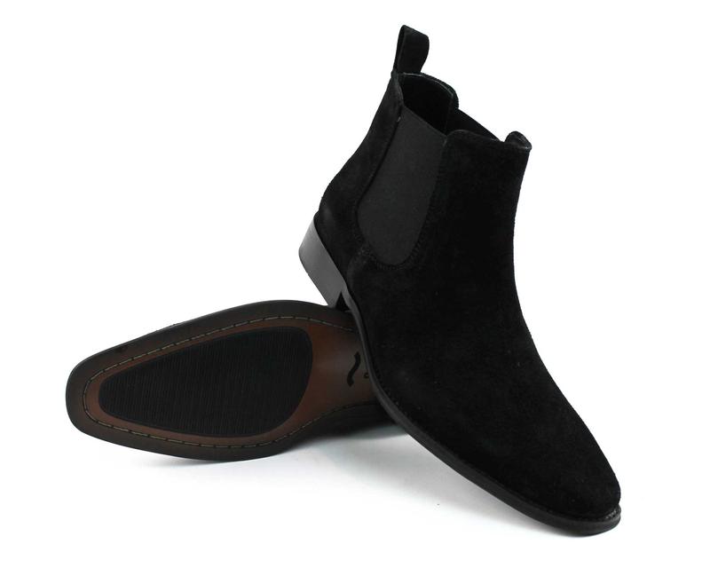 Men's Real Suede Black Chelsea Boots Ankle High Pull On Round Toe Slip Resistant Block Heel AZARMAN