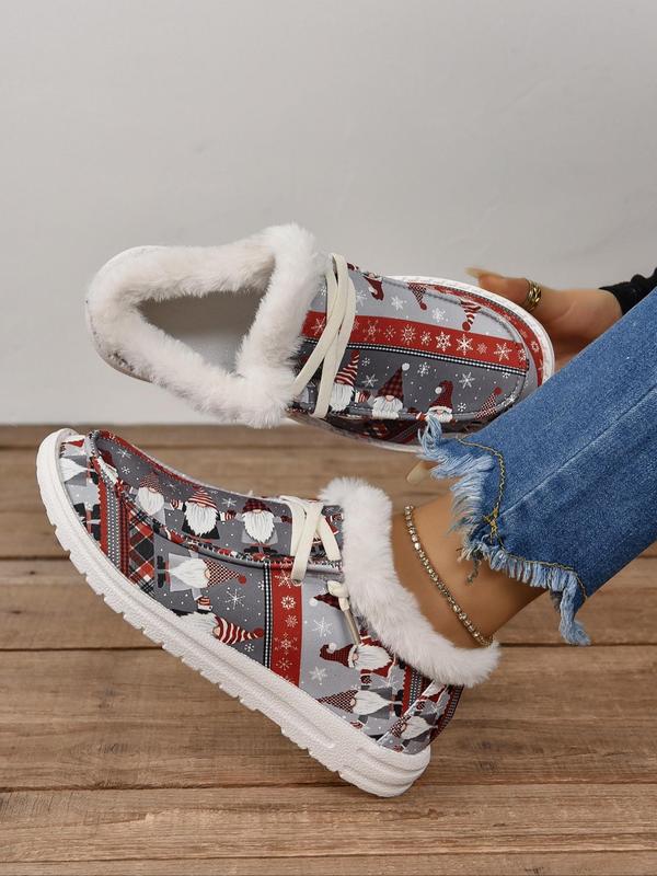 Women's Christmas Print Lace Up Low Top Sneakers, Casual Comfortable Warm Plush Lined Shoes for Daily Wear, Female All-match Round Toe Shoes for Daily Wear