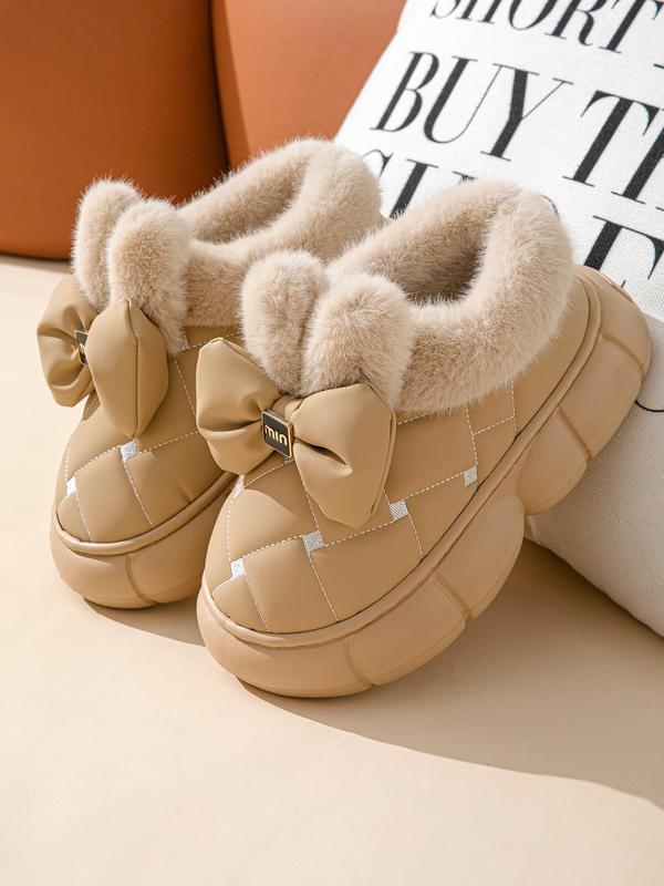 Women's Cute Bowknot Contrast Faux Fur Design Slipper Boots, Casual Soft Comfortable Home Slippers, Thick Sole Waterproof Warm Shoes for Indoor & Outdoor Use for Fall & Winter