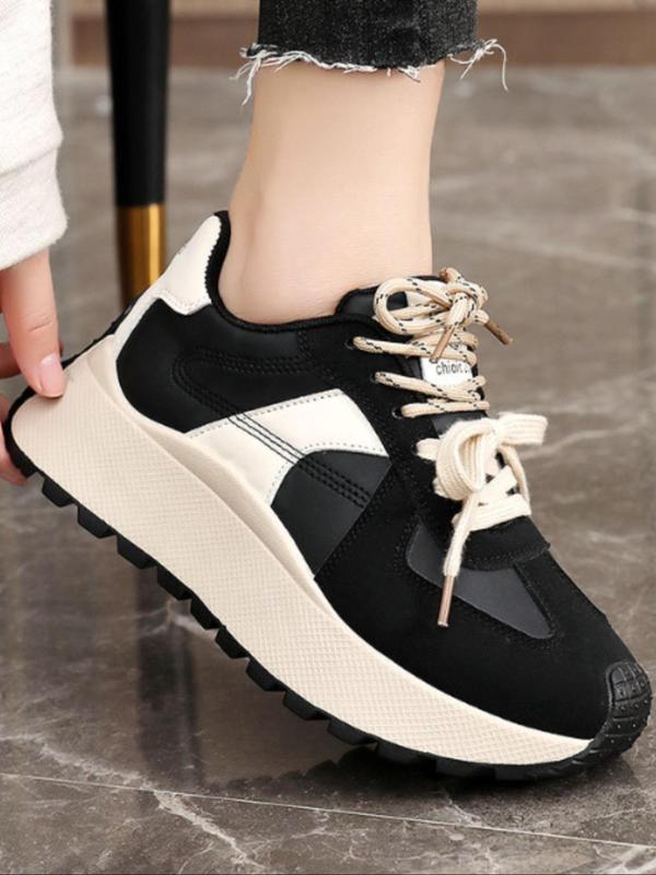 Women's Fashion Colorblock Lace Up Low Top Sneakers, Casual Comfortable Sports Running Shoes, All-match Round Toe Chunky Sneakers for Daily Wear