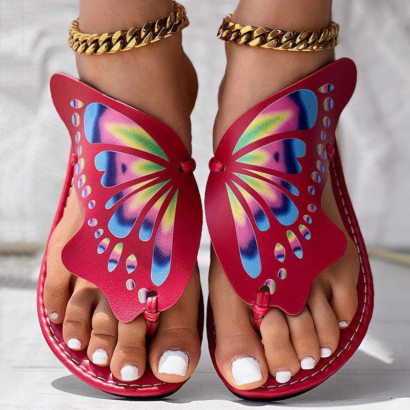 Colorblock Butterfly Print Toe Post Slippers