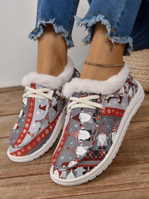 Women's Christmas Print Lace Up Low Top Sneakers, Casual Comfortable Warm Plush Lined Shoes for Daily Wear, Female All-match Round Toe Shoes for Daily Wear