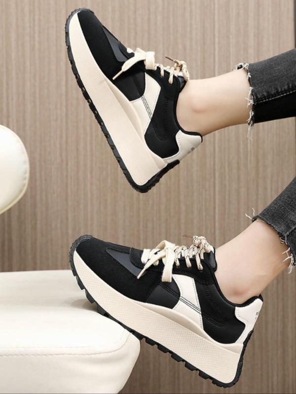 Women's Fashion Colorblock Lace Up Low Top Sneakers, Casual Comfortable Sports Running Shoes, All-match Round Toe Chunky Sneakers for Daily Wear