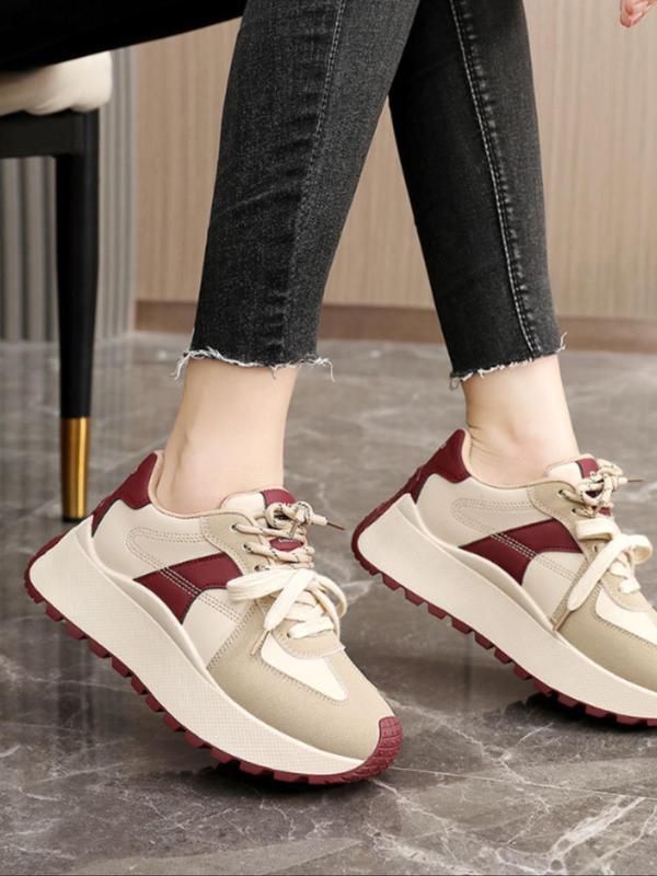 Women's Fashion Colorblock Lace Up Low Top Sneakers, Casual Comfortable Sports Running Shoes, All-match Round Toe Chunky Sneakers for Daily Wear