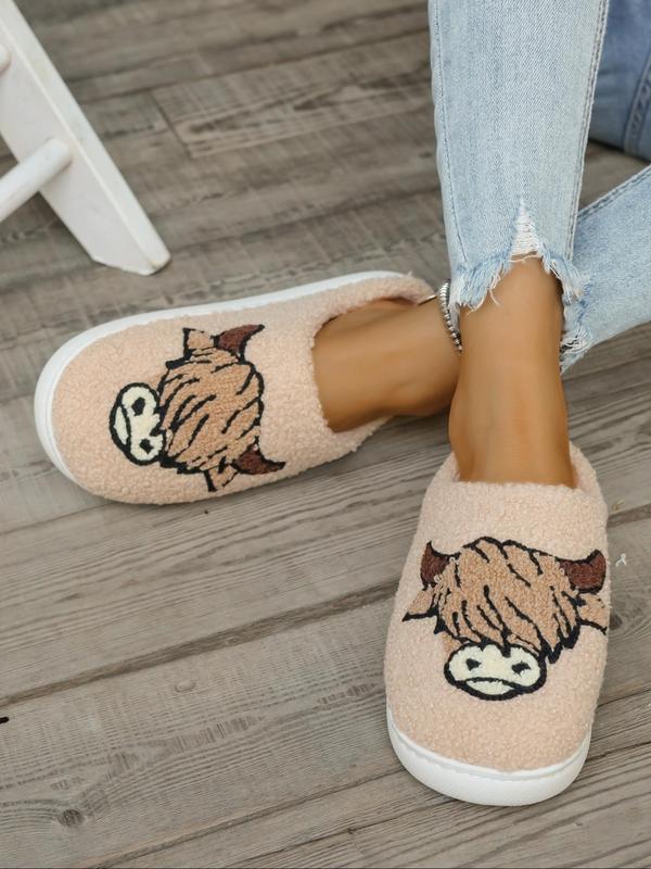 Women's Cute Cartoon Highland Cow Design Plush Slippers, Casual Soft Comfortable Home Slippers, Warm Slippers for Indoor & Outdoor Use for Fall & Winter