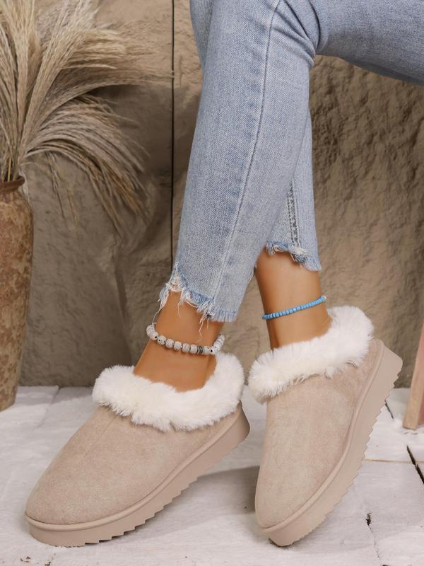 Women's Solid Color Contrast Faux Fur Trim Ankle Boots, Casual Comfortable Warm Boots for Winter, Fluffy Lined Boots for Indoor & Outdoor