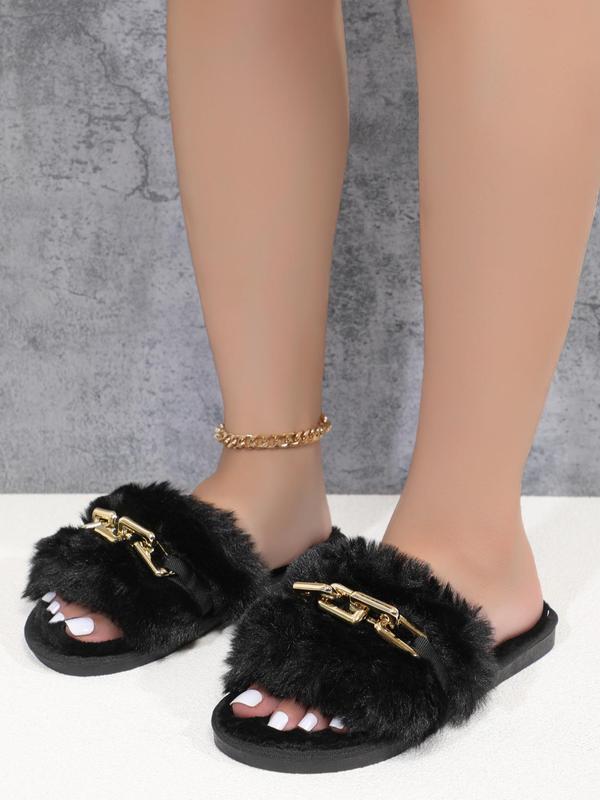 Women's Summer Fashion Elegant Chain Trim Faux Fur Soft Comfort Slippers, 2024 Trendy Versatile Simple Plain Color Home Sandals, Girl Cute Plush Fuzzy Cozy Slip on House Slippers, Summer Footwear Walking Shoes