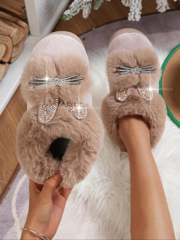 Women's Cute Rhinestone Decor Cat Design Plush Slippers, Casual Soft Comfortable Home Slippers, Warm Slippers for Indoor & Outdoor Use for Fall & Winter