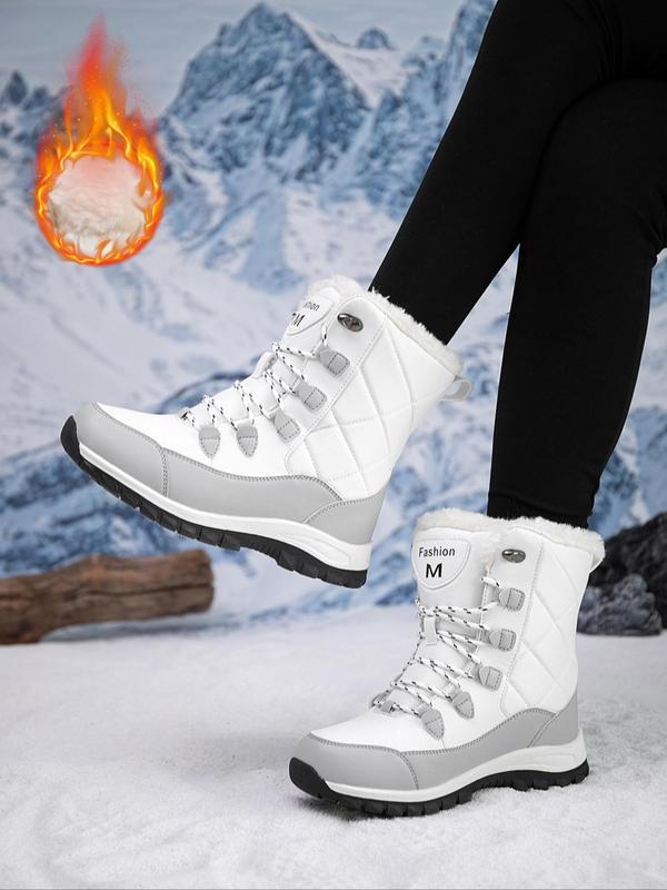 Women's Fashionable Letter Patched Design Lace Up Snow Boots, Casual Warm Ankle Boots for Winter, Female All-match Round Toe Boots for Daily Wear