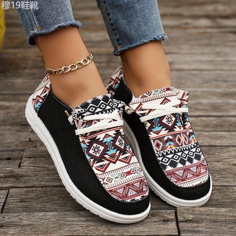 Women's Tribal Pattern Canvas Shoes, Casual Round Toe Low Top Flat Sneakers, Lightweight Outdoor Walking Shoes Training Closed