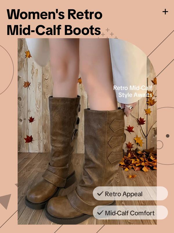 Women's Fashionable Solid Color Boots, 2024 New Style Retro Style Mid-calf Boots for Daily Wear, Casual Comfortable West Cowboy Shoes for Women Girls