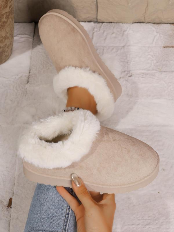 Women's Solid Color Contrast Faux Fur Trim Ankle Boots, Casual Comfortable Warm Boots for Winter, Fluffy Lined Boots for Indoor & Outdoor