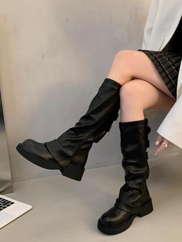 Women's Fashionable Solid Color Boots, 2024 New Style Retro Style Mid-calf Boots for Daily Wear, Casual Comfortable West Cowboy Shoes for Women Girls