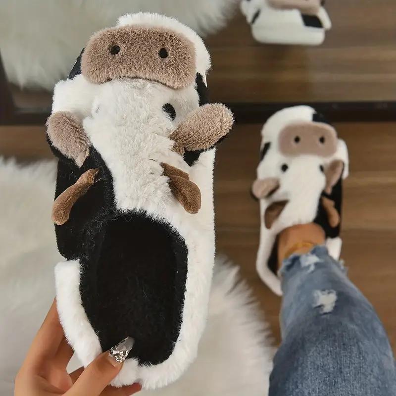 Couple's Cute Cow Plain Knitted White Slippers, Warm Comfortable Home Office Bedroom Slip-On For Men & Women, Autumn Winter