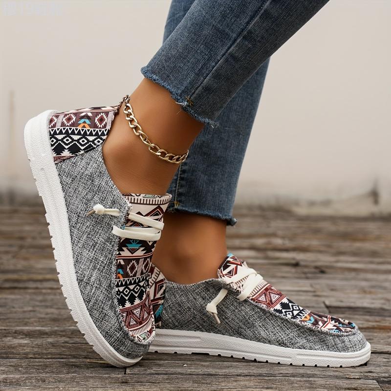 Women's Tribal Pattern Canvas Shoes, Casual Round Toe Low Top Flat Sneakers, Lightweight Outdoor Walking Shoes Training Closed