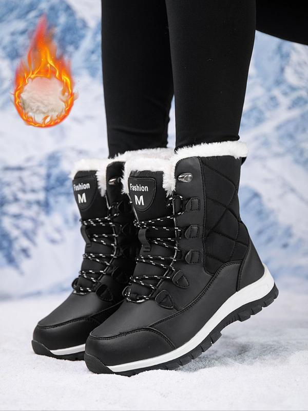 Women's Fashionable Letter Patched Design Lace Up Snow Boots, Casual Warm Ankle Boots for Winter, Female All-match Round Toe Boots for Daily Wear