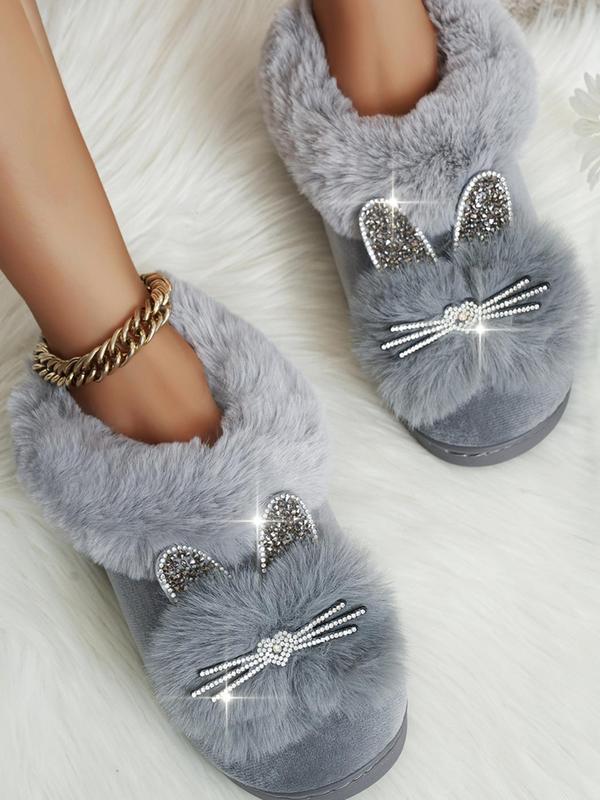 Women's Cute Rhinestone Decor Cat Design Plush Slippers, Casual Soft Comfortable Home Slippers, Warm Slippers for Indoor & Outdoor Use for Fall & Winter