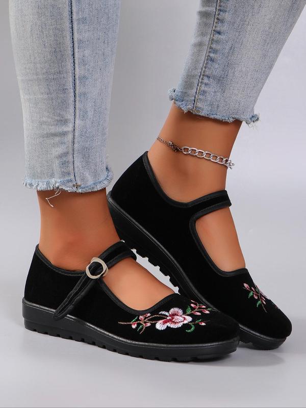 Women's Floral Embroidery Buckle Design Flat Shoes, Casual Comfortable Breathable Lightweight Flat Shoes, Fashionable Shoes for Daily Wear