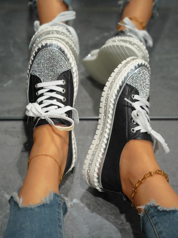 Women's Fashionable Rhinestone Decor Lace Up Platform Sneakers, Casual Comfortable Sports Shoes for Daily Wear, Female All-match Round Toe Shoes for Daily Wear