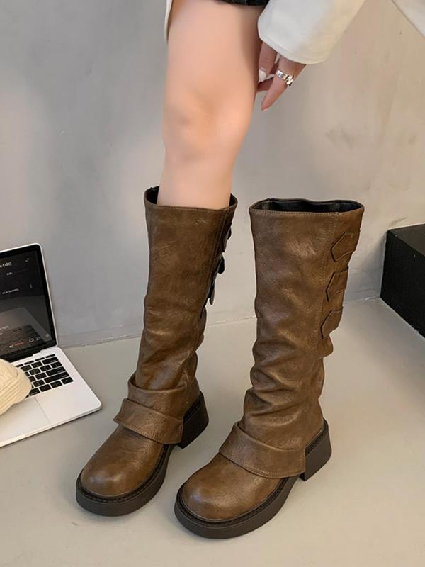 Women's Fashionable Solid Color Boots, 2024 New Style Retro Style Mid-calf Boots for Daily Wear, Casual Comfortable West Cowboy Shoes for Women Girls