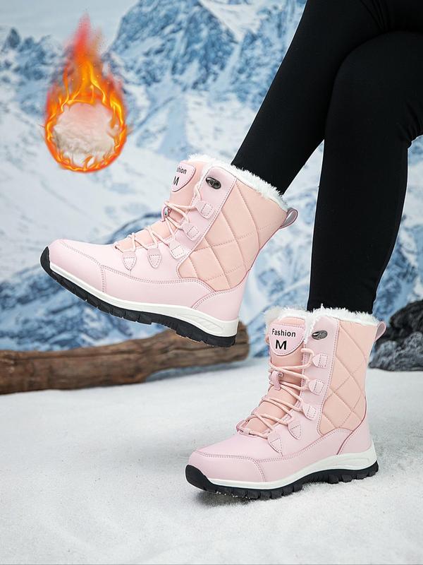 Women's Fashionable Letter Patched Design Lace Up Snow Boots, Casual Warm Ankle Boots for Winter, Female All-match Round Toe Boots for Daily Wear