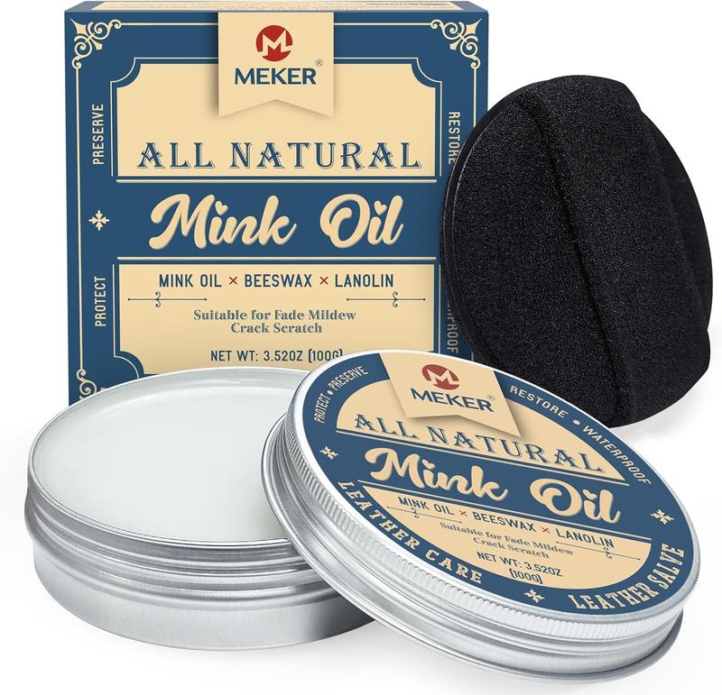 MEKER Mink Oil for Leather - All-Natural Conditioner with Sponge, 3.52oz - Comfort, Footwear